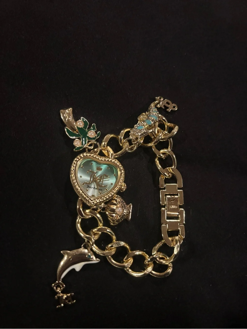 Vintage Y2K Juicy Couture Charm Bracelet Watch Gold Tone Turquoise Heart